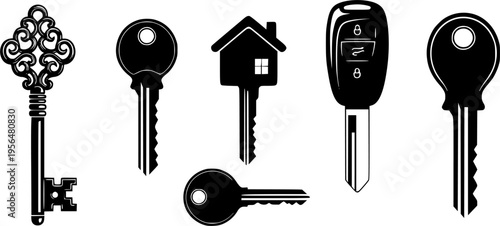 Set of vintage and modern key vector icons collection, black silhouette illustration, security, antique design, lock, access, locksmith, decoration
