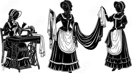 
Set of Victorian Women Silhouettes Sewing on Vintage Machine and Holding Fabric Isolated on White Background for Tailor Dressmaker Retro Design Vector Illustration