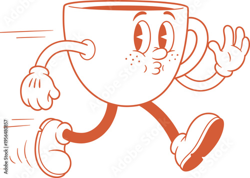 Retro cartoon character running coffee cup with face hands and legs in vintage rubber hose animation style orange outline