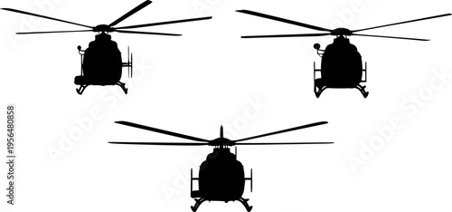 Set of Three Helicopter Silhouettes Showing the Front View with Rotor Blades, Representing Air Transport, Aviation, Rescue Services, Search and Rescue, and Modern Flight 