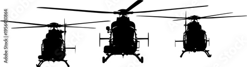 Set of Three Helicopter Silhouettes Showing the Front View with Rotor Blades, Representing Air Transport, Aviation, Rescue Services, Search and Rescue, and Modern Flight 