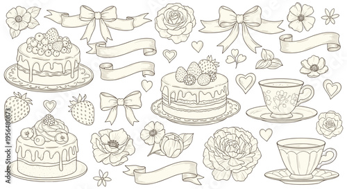 Whimsical wedding cake and tea party line art illustrations in soft beige color on white background for stationery
