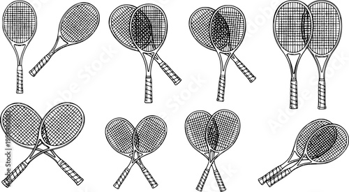 Set of tennis racket vector illustrations in black outline style, isolated sports equipment collection, hand drawn design elements for logo, print, and branding 