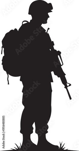 Soldier with rifle vector silhouette illustration, a detailed line art for military themes