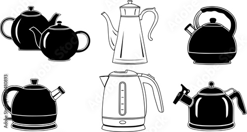 Set of teapot and kettle silhouettes in various styles, classic and modern tea vessels, kitchenware vector illustration isolated on white
