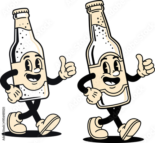 Vintage soda bottle mascot character giving thumbs up gesture in retro animation style for beverage branding and advertising
