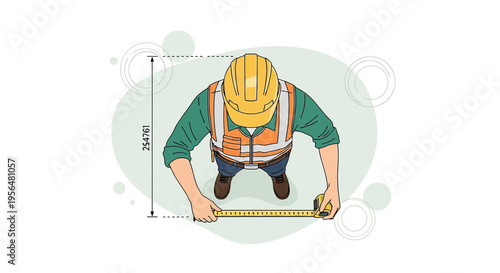 Illustration of a construction worker taking measurements for a project on a blueprint drawing