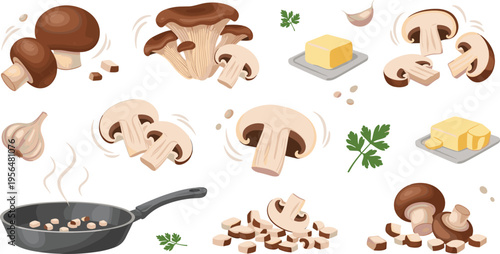 Set of fresh mushrooms cooking process with garlic butter frying pan ingredients sliced champignon food preparation vector illustration