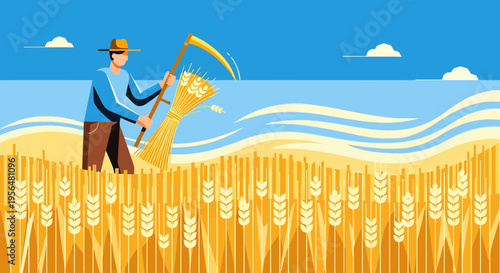 Illustration of a farmer harvesting wheat in a golden field on a sunny day evokes rural life