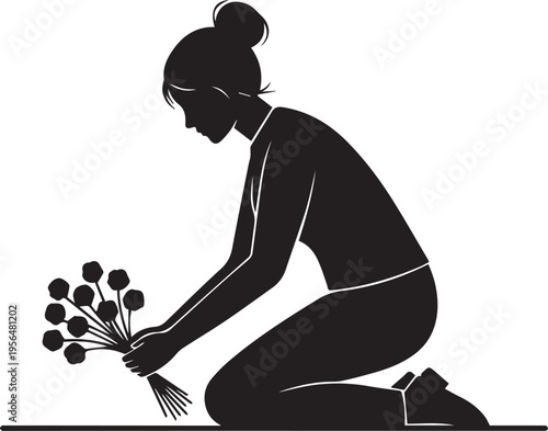 Woman kneeling placing flowers on ground vector silhouette illustration line art