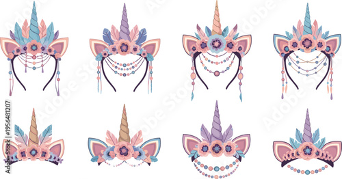 Boho unicorn headbands collection with feathers beads and floral decorations fantasy accessories vector illustration set