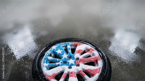 Weathered tire with American flag design on wet pavement  