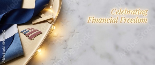 Celebrating financial freedom with documents and decorative lights  