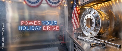 Automotive wheel and tools displayed with festive decorations  