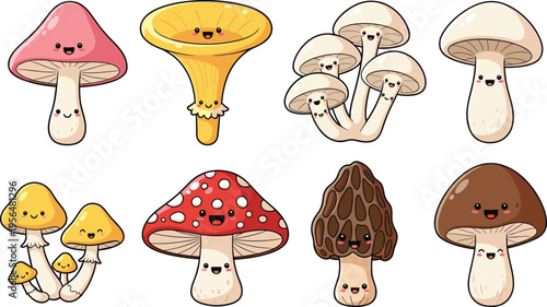Cute mushroom characters collection with different fungi species cartoon forest mascots vector illustration set