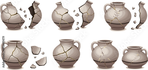 Broken ceramic vase repair collection with cracks fragments and kintsugi restoration process vector illustration set
