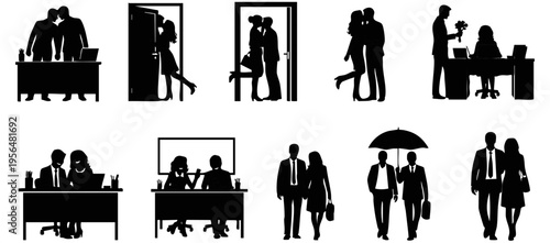Creative Title: Romantic Professional Synergy and Intimate Workplace Connection Silhouettes