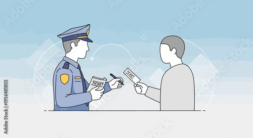 Illustration of a police officer issuing ticket to person conveying issues of public order