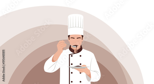Illustration of a professional cook savoring a dessert with delicate tastefulness in the kitchen