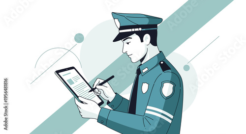 Illustration of a police officer using a digital tablet in a modern line art style showcasing law