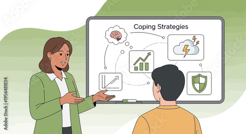 Illustration of a professional presenting coping strategies to an individual for mental wellbeing