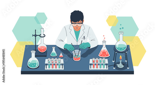Illustration of a scientist conducting a chemical experiment in the laboratory