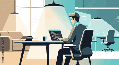 Illustration of a programmer working at a desk in a modern home office environment focusing on