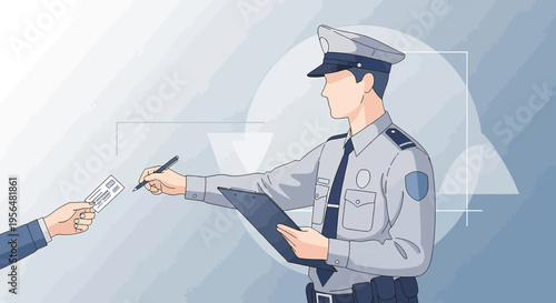 Illustration of a security guard inspecting an identification card with a pen in hand checking