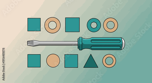 Illustration of a screwdriver with geometric shapes creating a balance composition