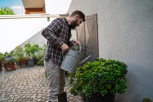 Gardener watering the plant with vintage watering can outdoors in the garden 