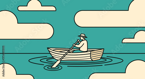 Illustration of a serene scene with a man rowing a boat on calm waters under cloudy sky