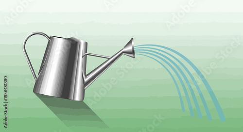 Illustration of a silver watering can dispensing water on a gradient green backdrop representing