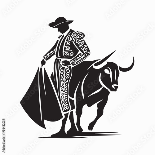 Brave Spanish Matador Silhouette in Traditional Costume with Cape Vector Illustration.