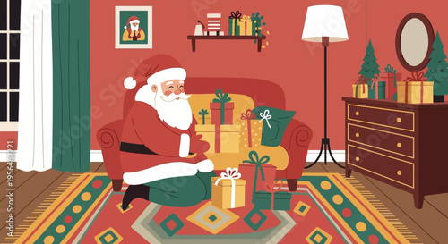 Santa Claus sitting on a couch surrounded by Christmas gifts in a cozy living room