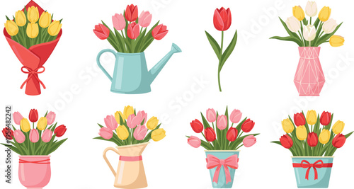 Tulip bouquet and vase vector set. Colorful spring flower arrangements collection. Floral compositions in pots, watering can and gift wrap illustration.
