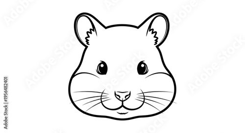 Detailed black and white line art illustration of a cute hamster's head with prominent whiskers and small round ears, perfect for simple graphics.