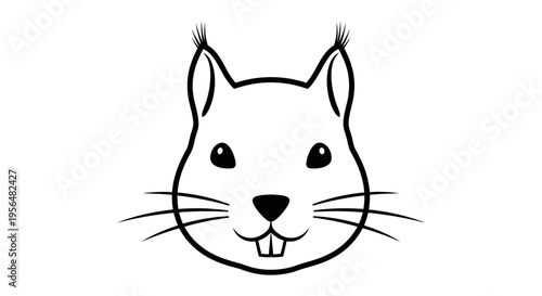 Black and white line art illustration of a squirrel's head with prominent ears, eyes, nose, mouth, whiskers, and two front teeth.