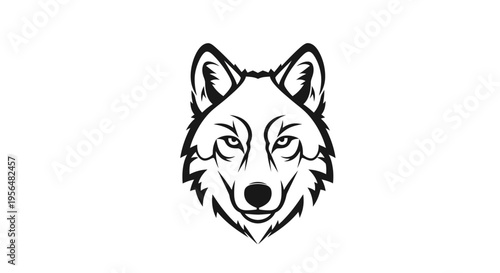 Black and white stylized illustration of a wolf's head facing forward, depicting a strong and wild animal.