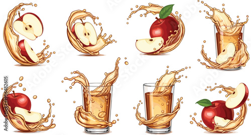 Apple juice splashes collection with fresh fruit slices and dynamic liquid waves beverage vector illustration set