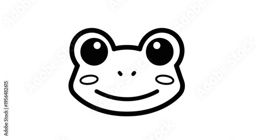 Simple black and white cartoon drawing of a happy frog's face with big eyes and a smile.