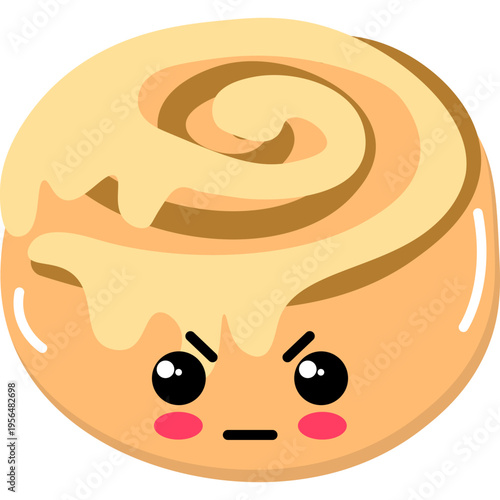Cute cartoon cinnamon roll with icing and angry face expression close-up
