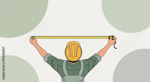 Illustration showcasing a construction worker taking precise measurements with tape measure