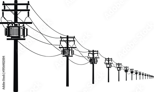 Black electric utility pole silhouettes with power lines and transformers in perspective isolated on white background for industrial energy design.