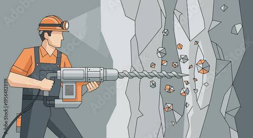 Illustration showcasing a miner using a drill to extract precious minerals from a rock face