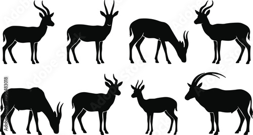 Black African antelope and gazelle silhouettes set with various horns isolated on white background for safari wildlife and nature design.