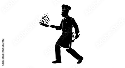 Black silhouette of a male chef tossing vegetables in a frying pan isolated on white background