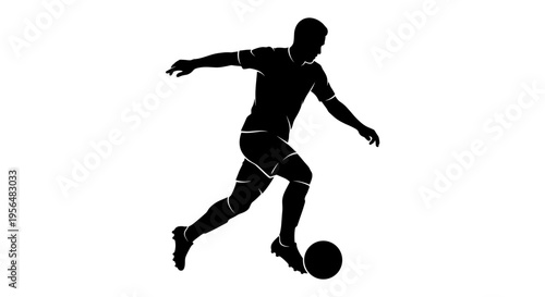 Black silhouette of a male soccer player dribbling a ball isolated on white background