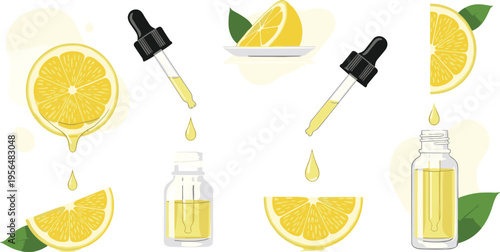 Lemon essential oil collection with dropper bottles citrus slices and natural skincare extract vector illustration set