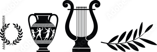 Black ancient Greek icons set with lyre harp amphora vase laurel wreath and olive branch isolated on white for history design.