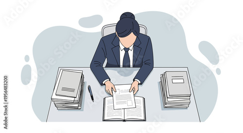 Illustration of professional woman meticulously reviewing documents at her desk with files